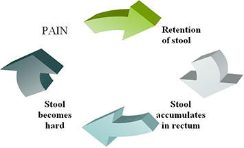 Pain-Retention Cycle in Constipation: Retention of Stool>Stool accumulates in rectum>Stool becomes hard>pain
