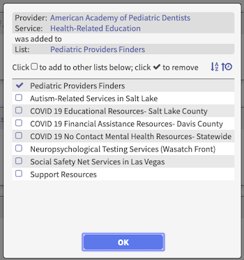 Pop-up box for service provider added to list showing provider, service added for, list, and user's other lists